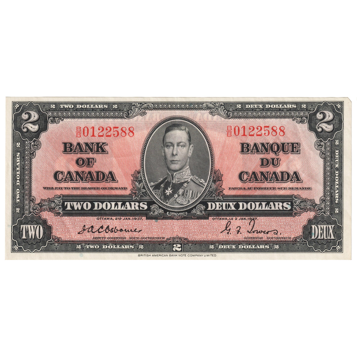 BC-22a 1937 Canada $2 Osborne-Towers, B/B, EF