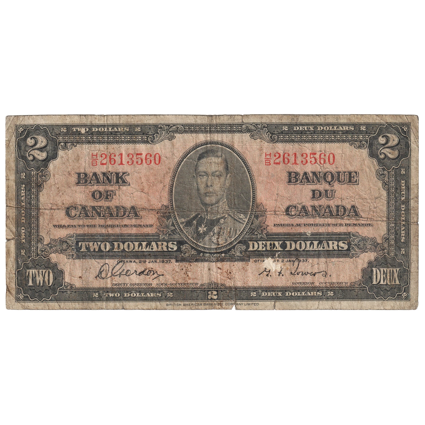 BC-22b 1937 Canada $2 Gordon-Towers, H/B, Circulated