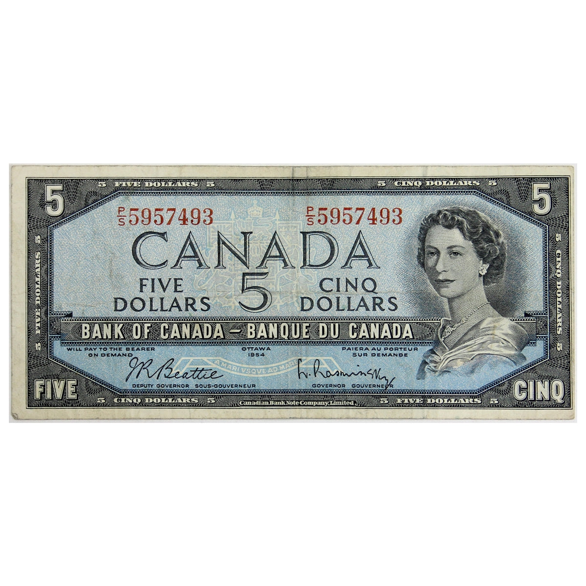 BC-39b 1954 Canada $5 Beattie-Rasminsky, P/S, Fine (F12)