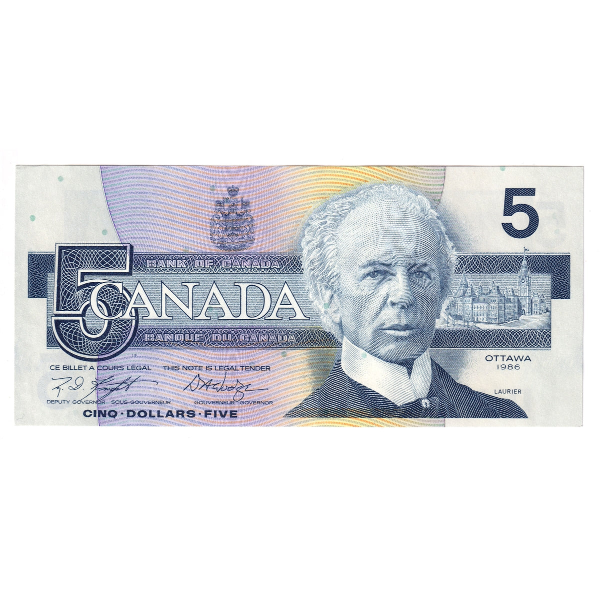 BC-56e 1986 Canada $5 Knight-Dodge, GPZ, AU-UNC