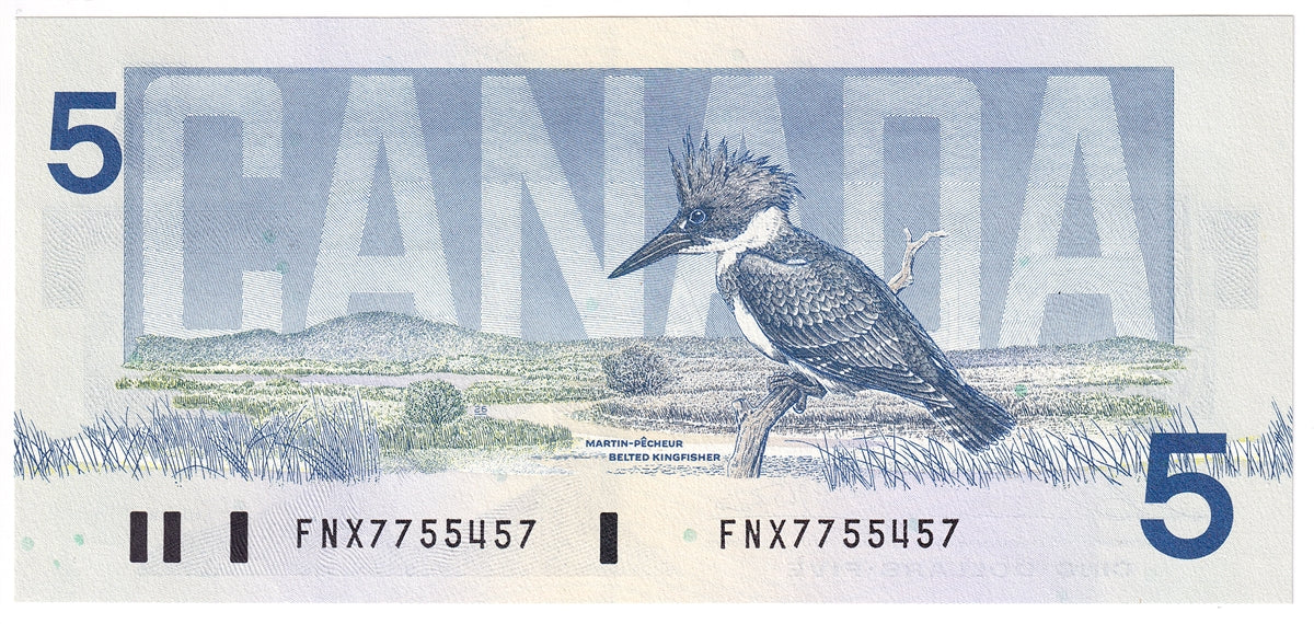 BC-56bA 1986 Canada $5 Thiessen-Crow, FNX Above 7.08M, Choice Uncirculated (CUNC63)