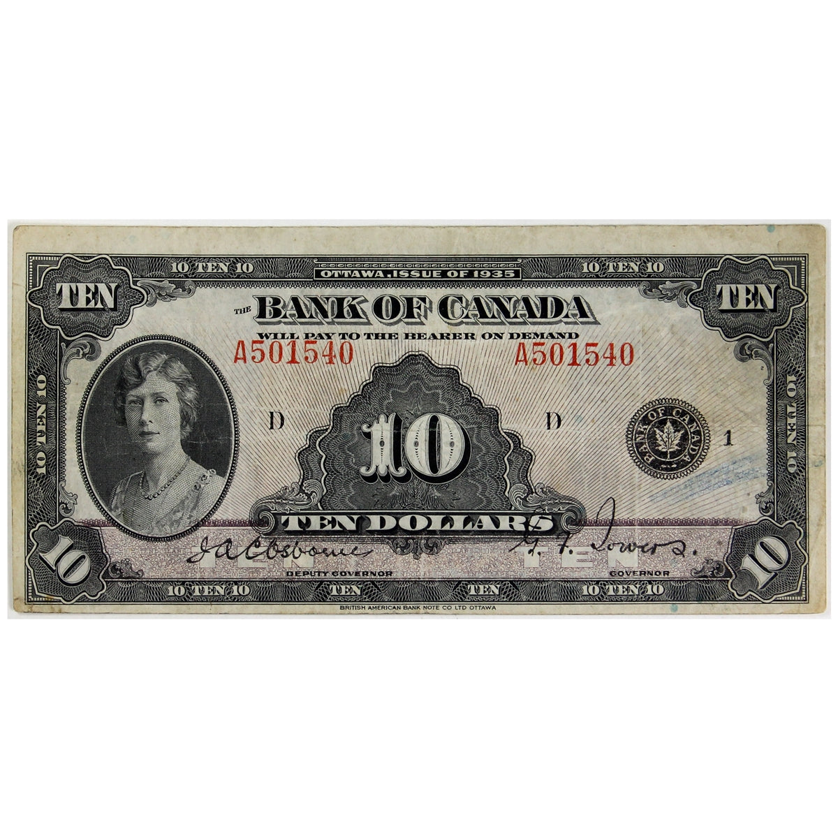BC-7 1935 Canada $10 Osborne-Towers, English, Very Fine (VF20)