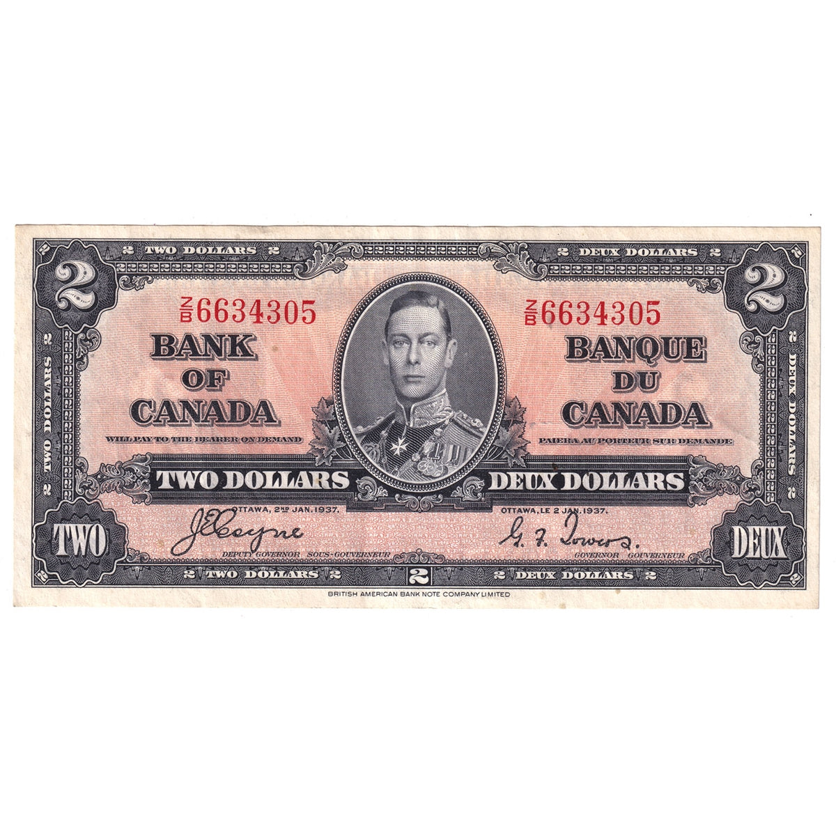 BC-22c 1937 Canada $2 Coyne-Towers, Z/B, EF