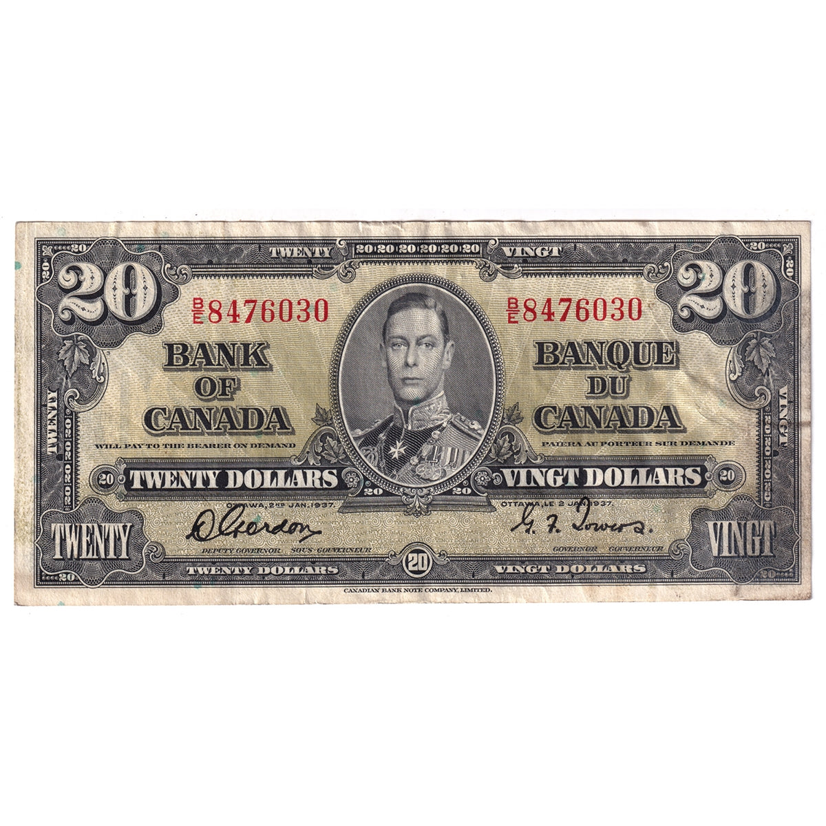 BC-25b 1937 Canada $20 Gordon-Towers, B/E, Extra Fine (EF40)