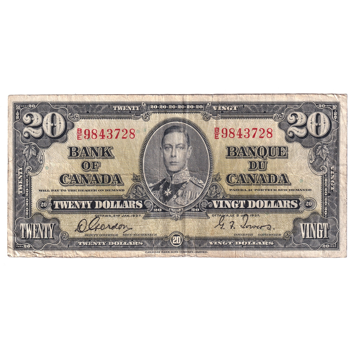 BC-25b 1937 Canada $20 Gordon-Towers, B/E, F-VF
