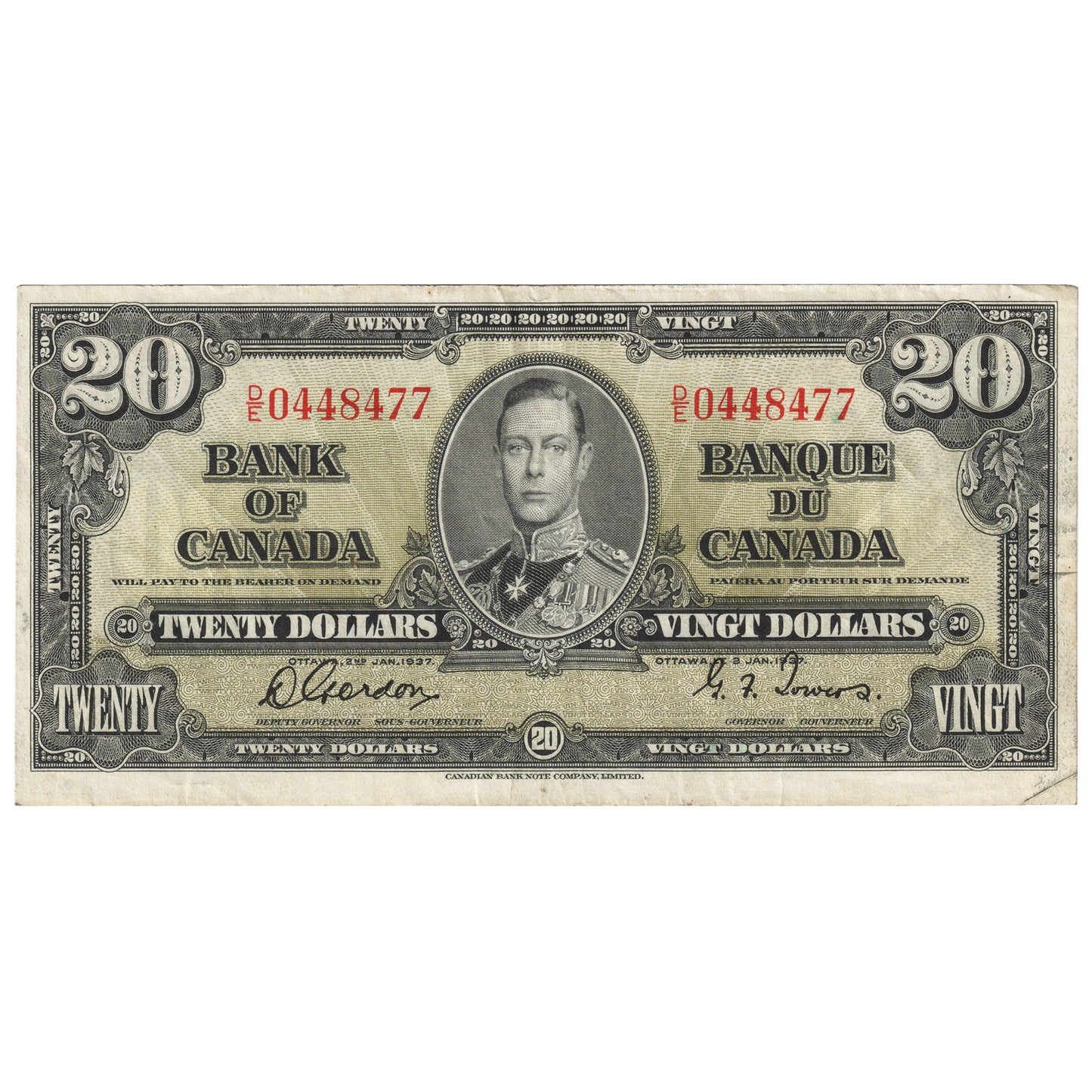 BC-25b 1937 Canada $20 Gordon-Towers, D/E, EF