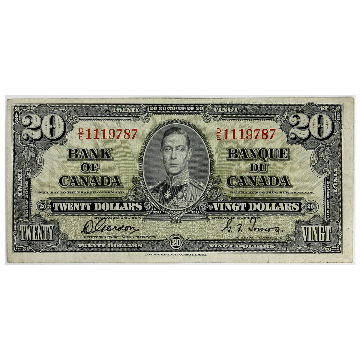 BC-25b 1937 Canada $20 Gordon-Towers, D/E, VF