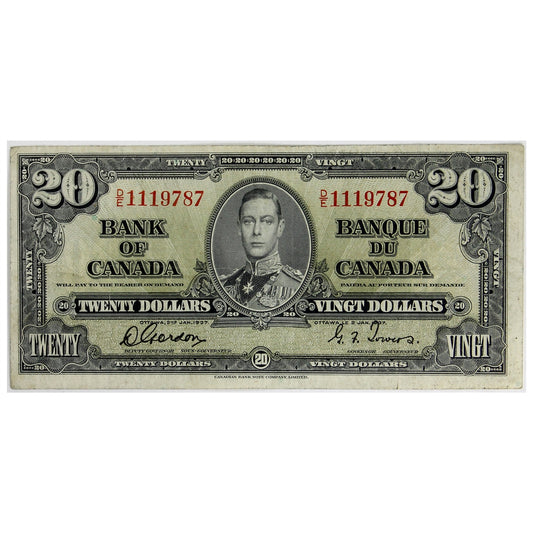 BC-25b 1937 Canada $20 Gordon-Towers, D/E, VF