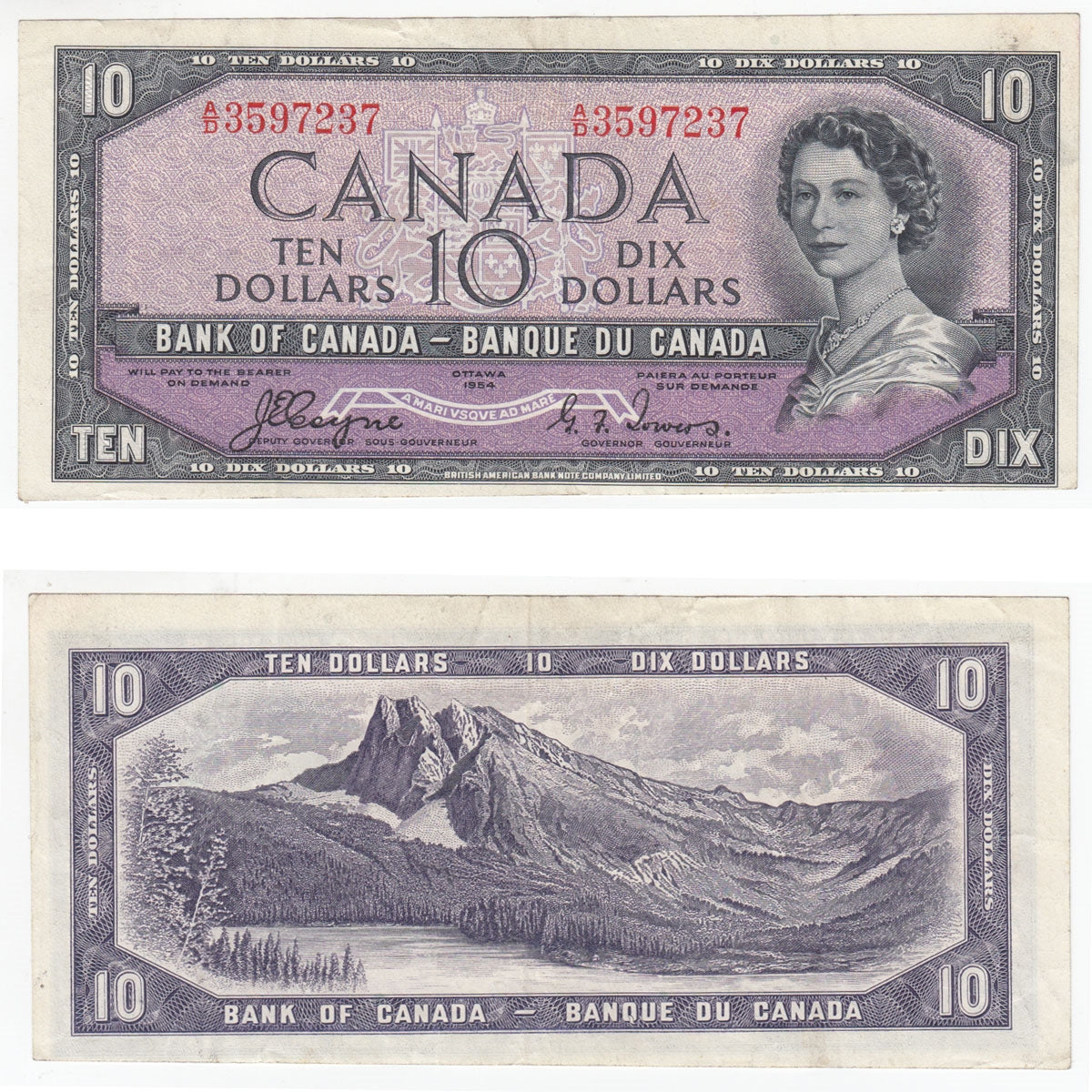 BC-32a 1954 Canada $10 Coyne-Towers, Devil's Face A/D, VF-EF (VF30)