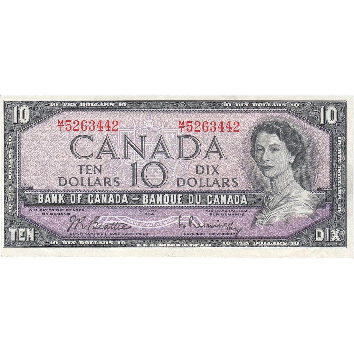BC-40b 1954 Canada $10 Beattie-Rasminsky, M/T, Very Fine (VF20)