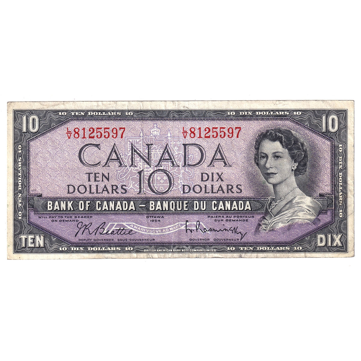 BC-40b 1954 Canada $10 Beattie-Rasminsky, L/V, Very Fine (VF20)