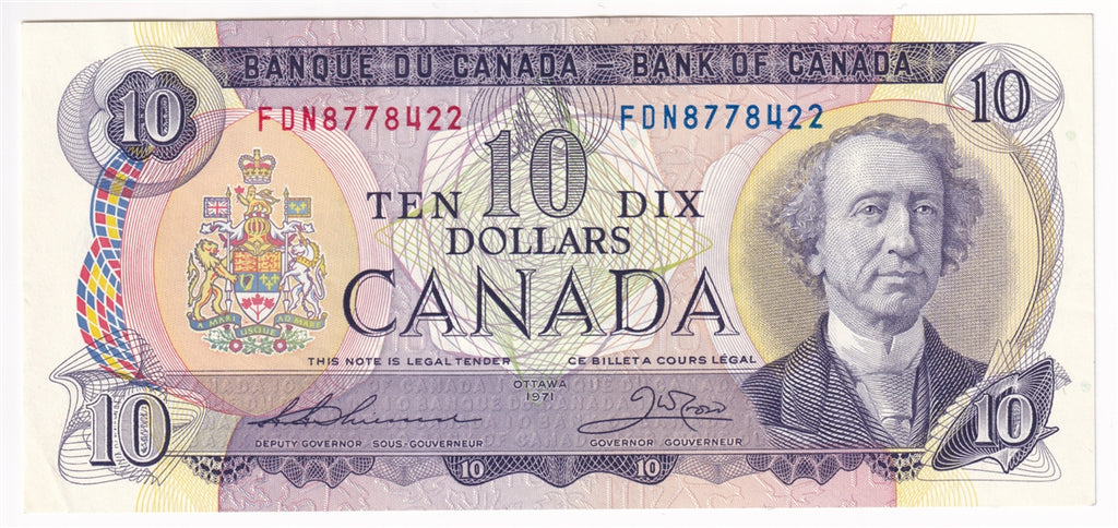 BC-49e 1971 Canada $10 Thiessen-Crow, FDN, Almost Uncirculated (AU50)