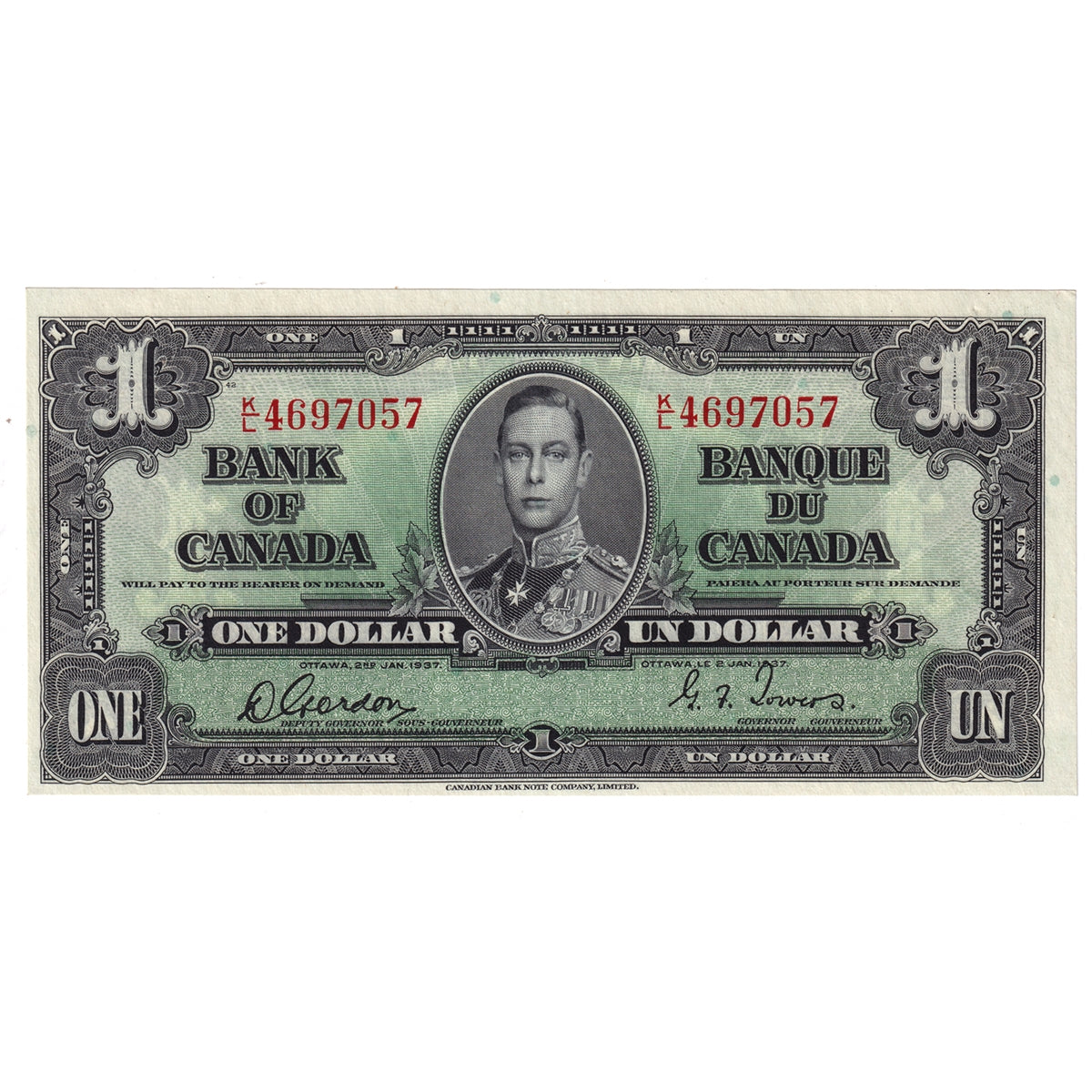 BC-21c 1937 Canada $1 Gordon-Towers, K/L, AU-UNC (AU55)