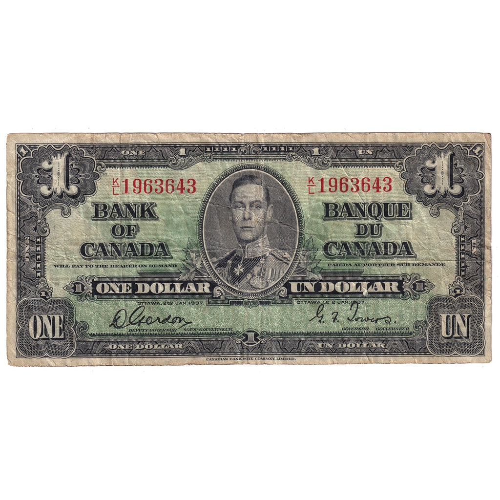 BC-21c 1937 Canada $1 Gordon-Towers, K/L, F-VF (F15)
