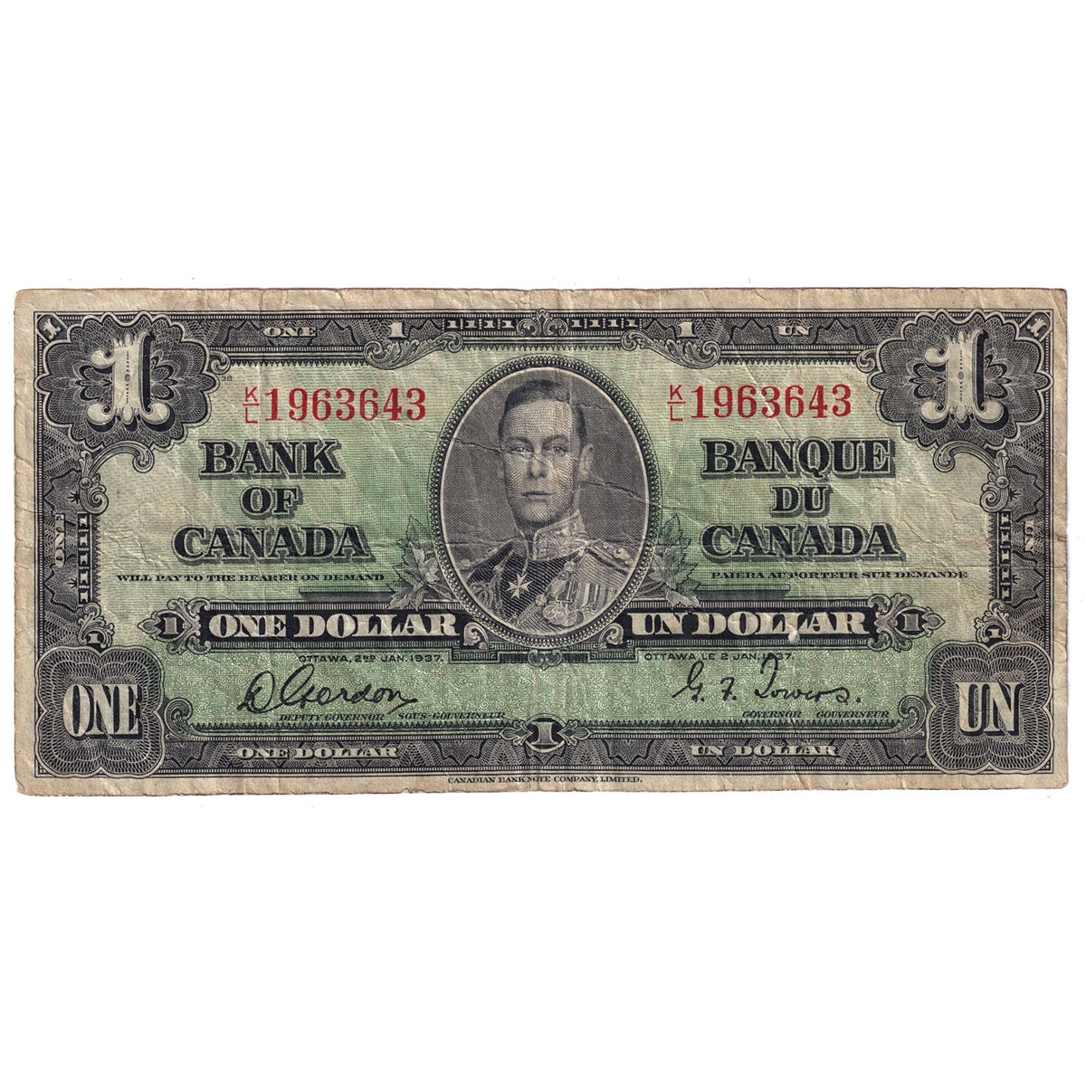 BC-21c 1937 Canada $1 Gordon-Towers, K/L, F-VF (F15)
