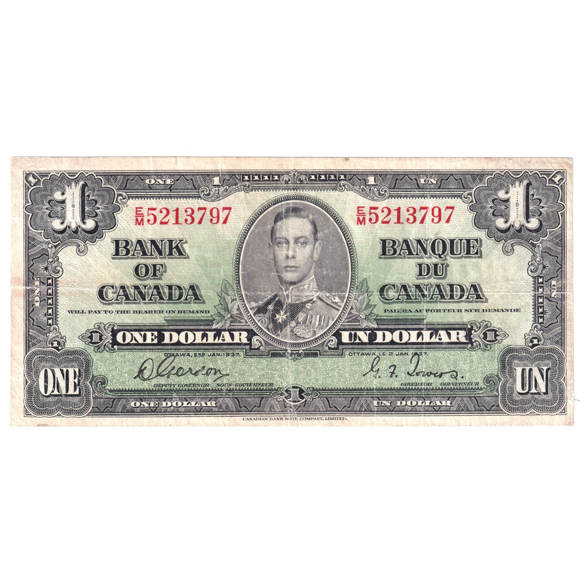 BC-21c 1937 Canada $1 Gordon-Towers, E/M, Circ