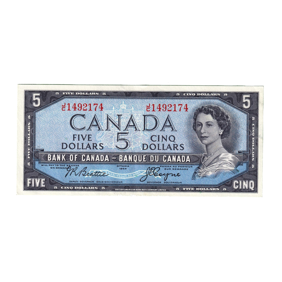 BC-39a 1954 Canada $5 Beattie-Coyne, J/C, AU-UNC (AU55)