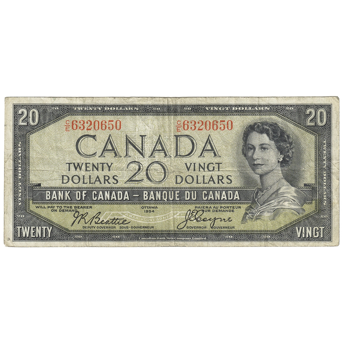 BC-33b 1954 Canada $20 Beattie-Coyne, Devil's Face, C/E, VG-F (VG10)