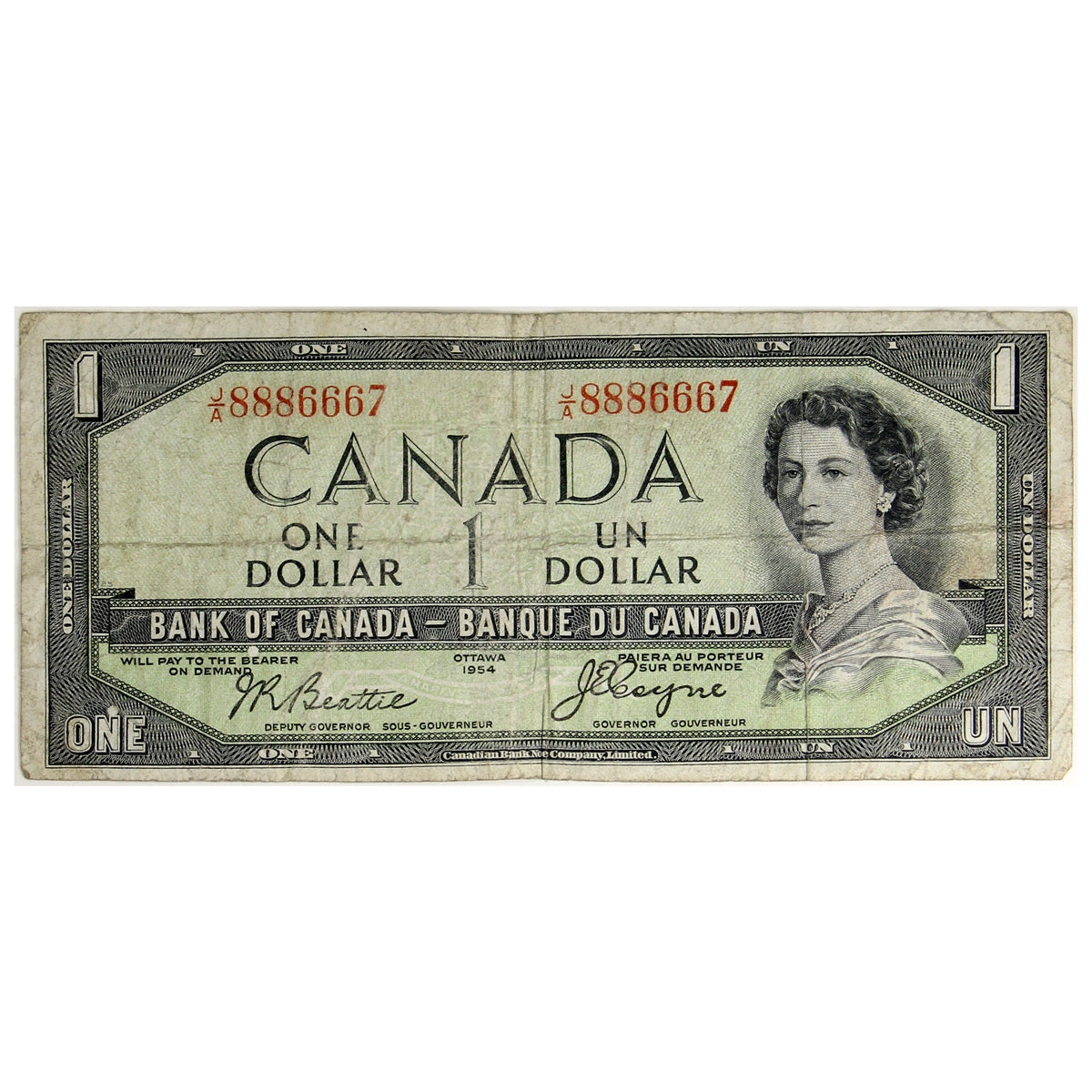 BC-29b 1954 Canada $1 Beattie-Coyne, Devil's Face, J/A, Circ