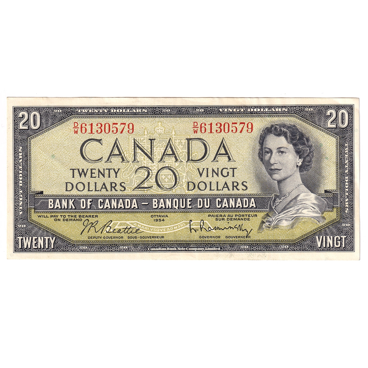 BC-41b 1954 Canada $20 Beattie-Rasminsky, D/W, Almost Uncirculated (AU50)