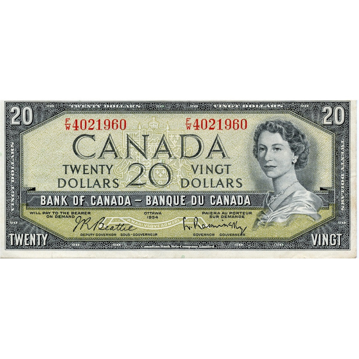 BC-41b 1954 Canada $20 Beattie-Rasminsky, F/W, VF-EF (VF30)