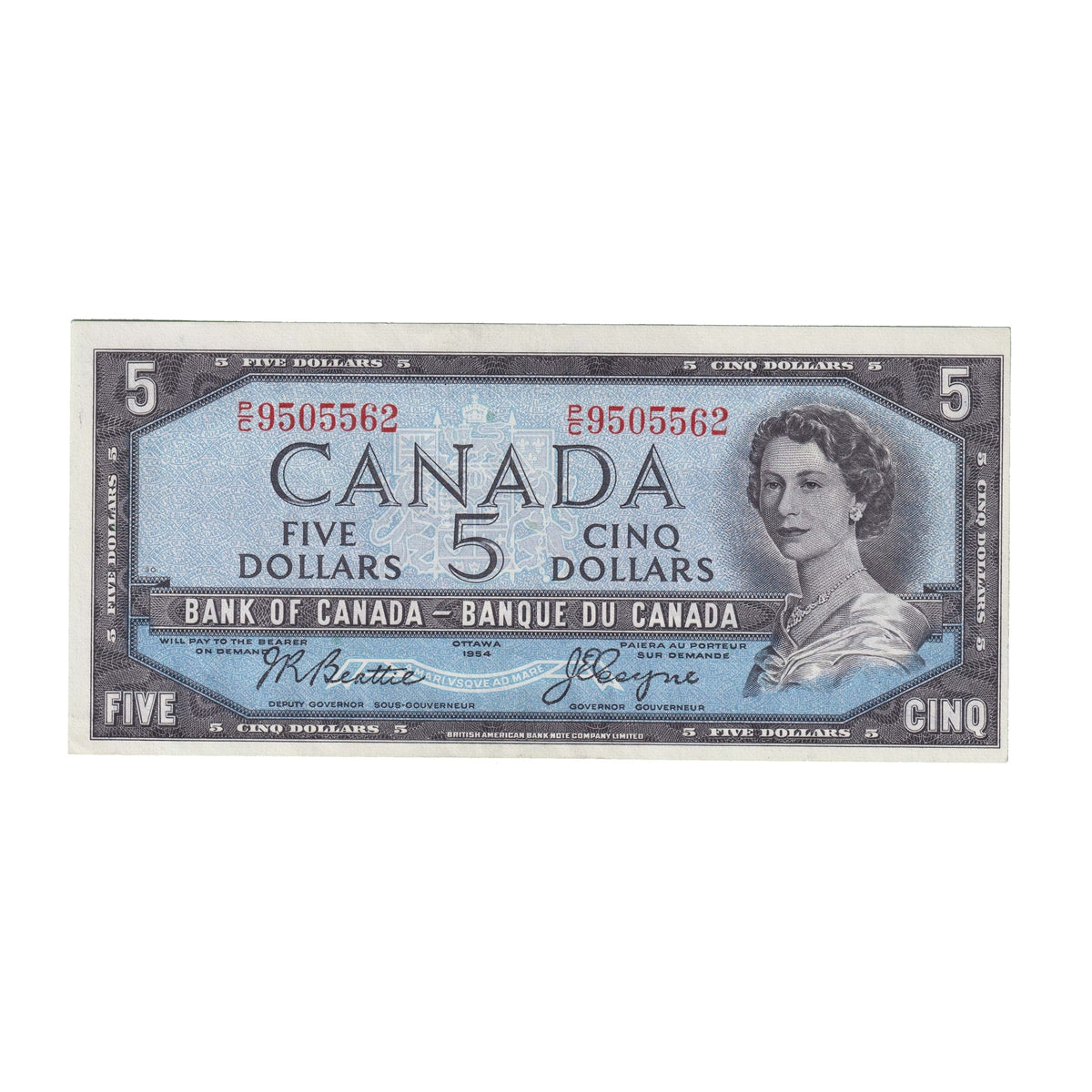 BC-39a 1954 Canada $5 Beattie-Coyne, P/C, AU-UNC (AU55)