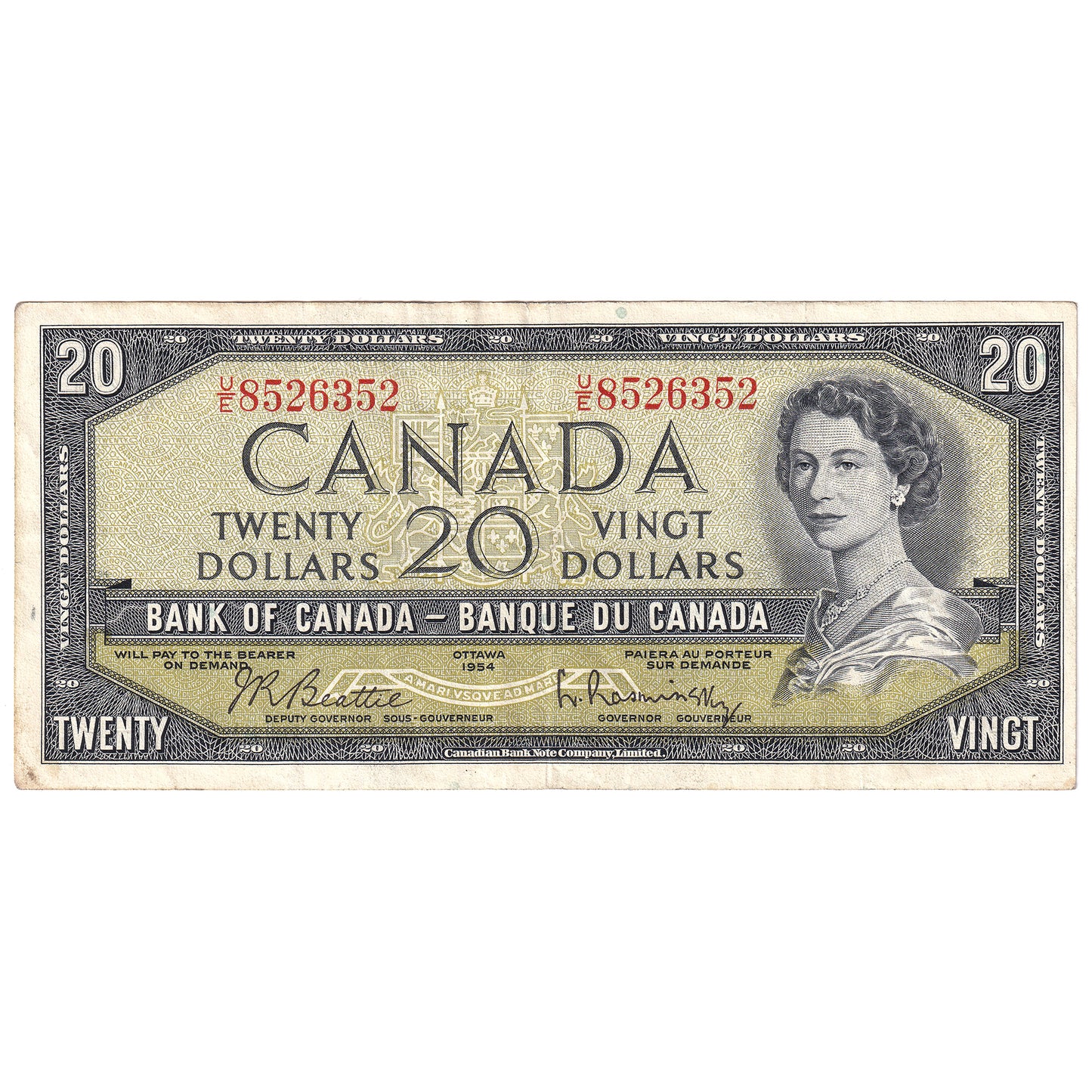BC-41b 1954 Canada $20 Beattie-Rasminsky, U/E, VF-EF
