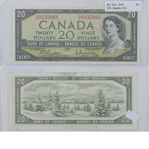BC-41b 1954 Canada $20 Beattie-Rasminsky, X/E, Almost Uncirculated (AU50)