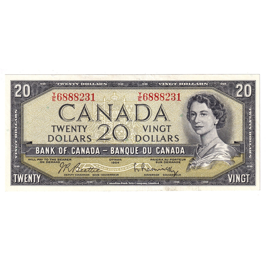 BC-41b 1954 Canada $20 Beattie-Rasminsky, Y/E, Almost Uncirculated (AU50)