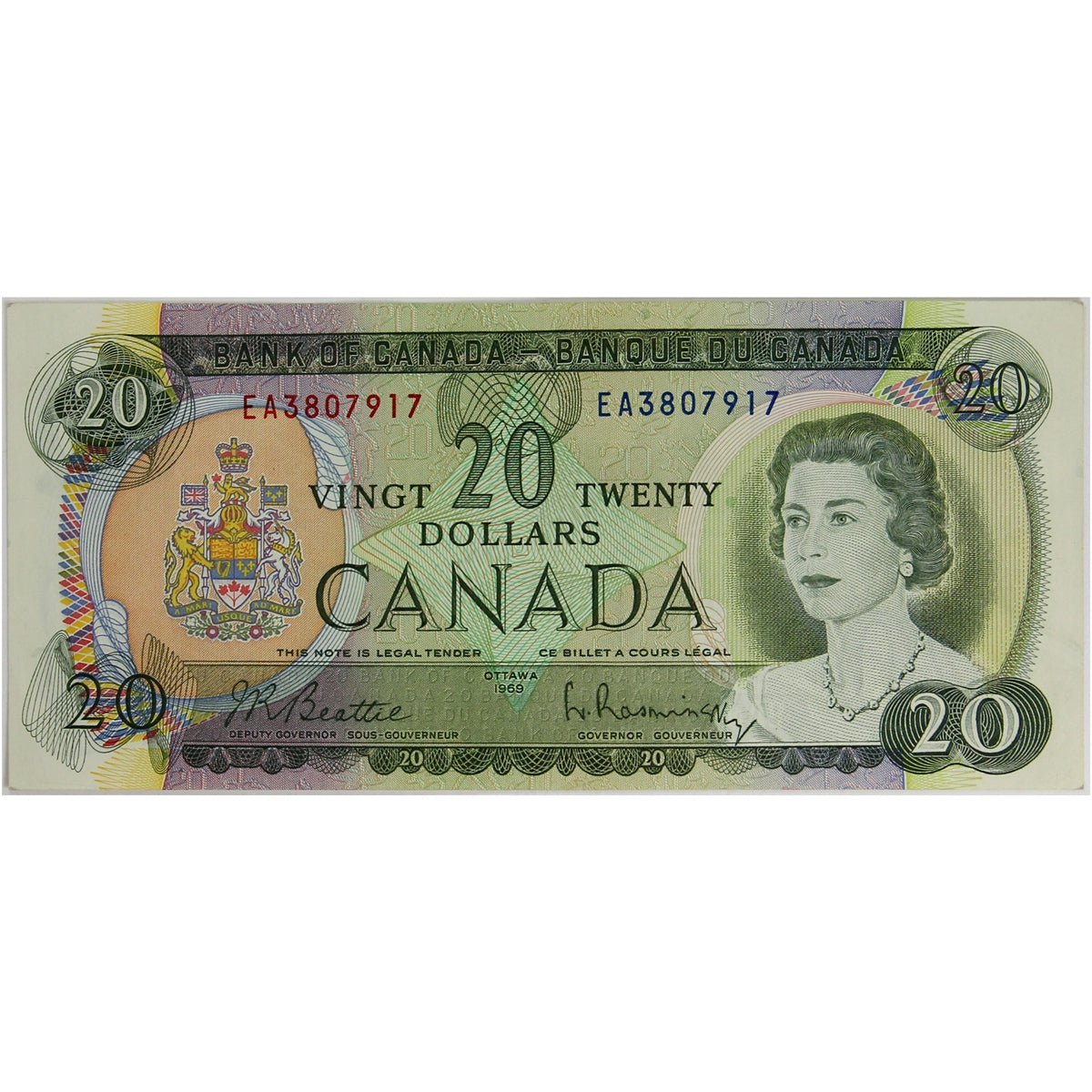 BC-50a 1969 Canada $20 Beattie-Rasminsky, EA, Almost Uncirculated (AU50)