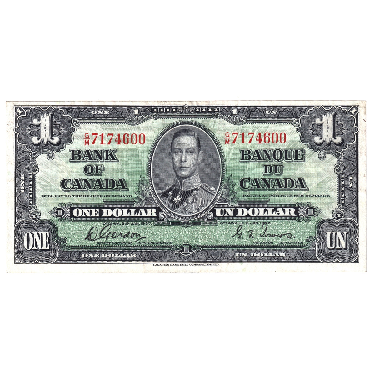 BC-21c 1937 Canada $1 Gordon-Towers, C/M, EF-AU (EF45)