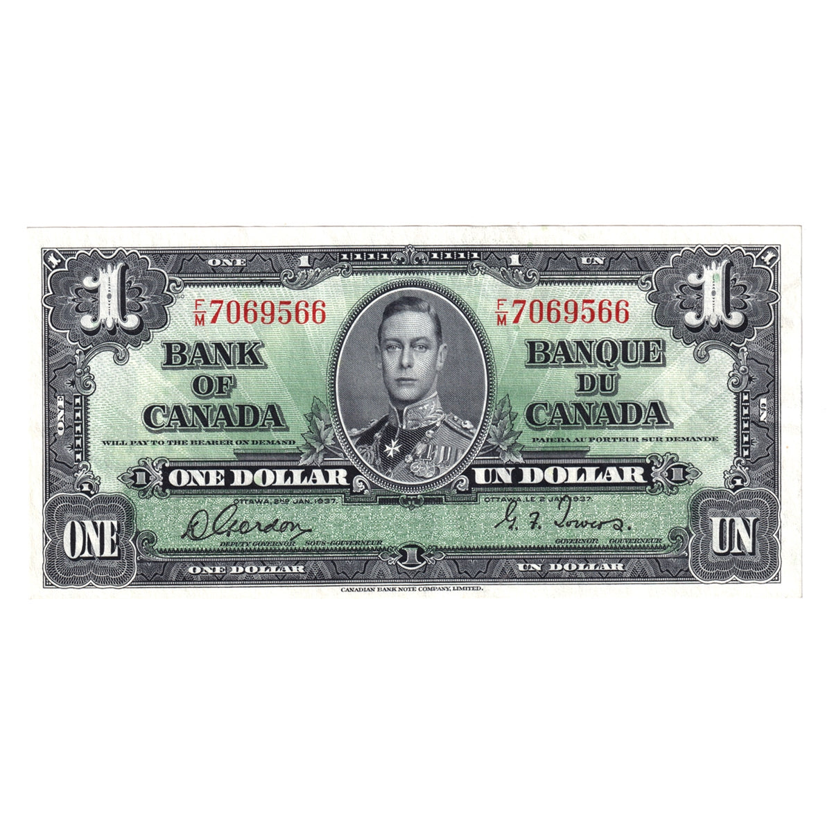 BC-21c 1937 Canada $1 Gordon-Towers, F/M, Almost Uncirculated (AU50)