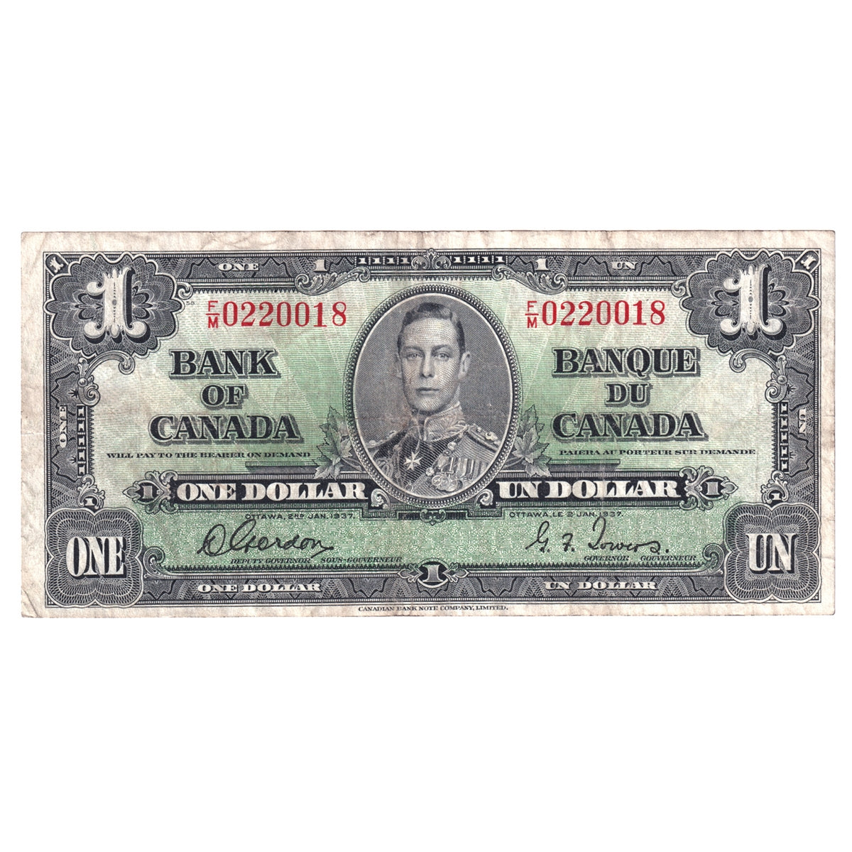 BC-21c 1937 Canada $1 Gordon-Towers, F/M, F-VF (F15)
