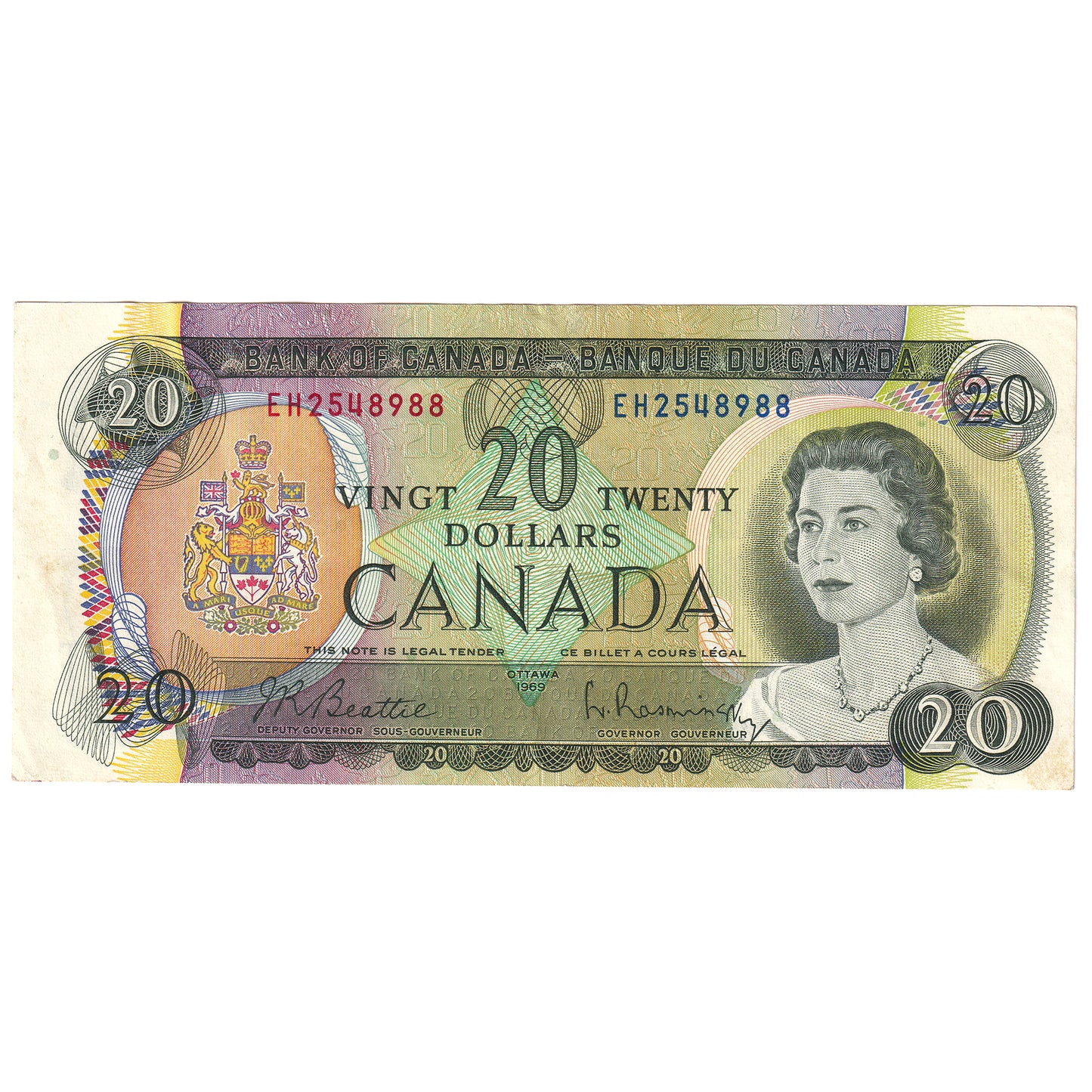 BC-50a 1969 Canada $20 Beattie-Rasminsky, EH, Almost Uncirculated (AU50)