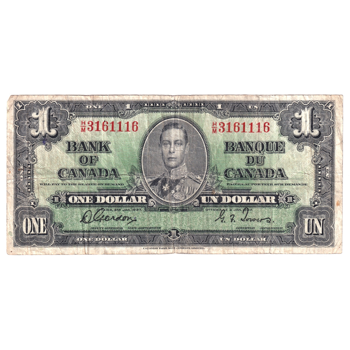 BC-21c 1937 Canada $1 Gordon-Towers, H/M, Circ