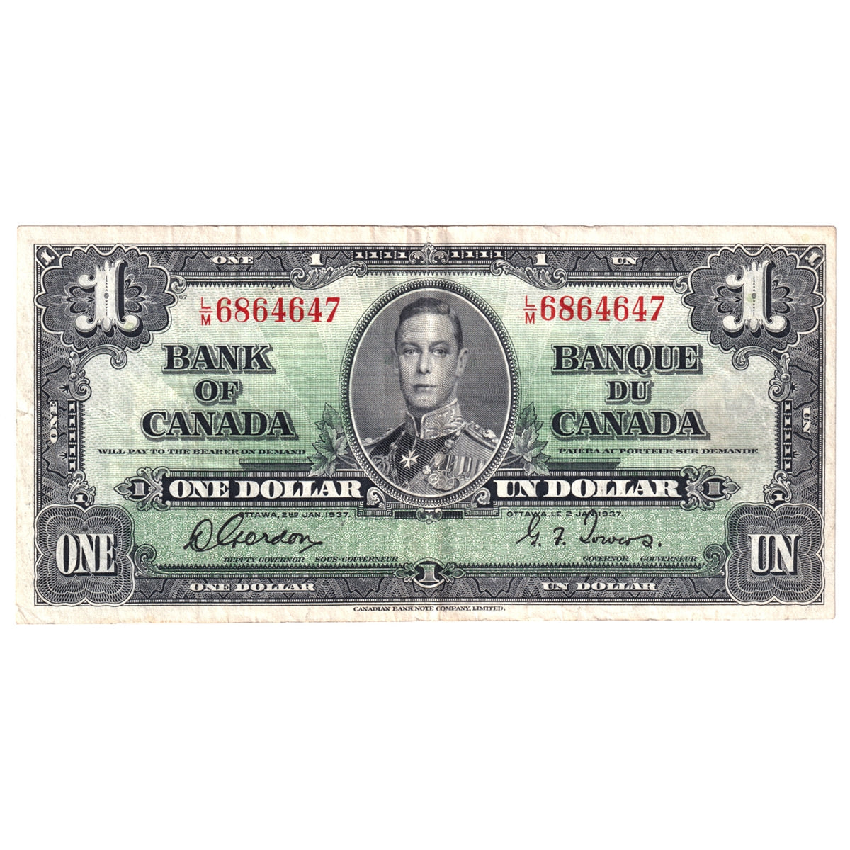 BC-21c 1937 Canada $1 Gordon-Towers, L/M, Very Fine (VF20)