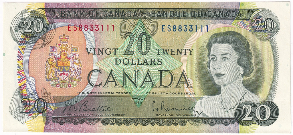 BC-50a 1969 Canada $20 Beattie-Rasminsky, ES, Almost Uncirculated (AU50)