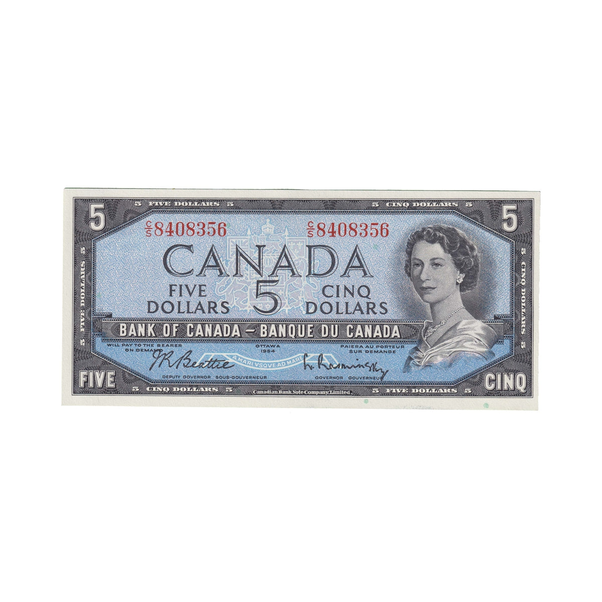 BC-39b 1954 Canada $5 Beattie-Rasminsky, C/S, AU-UNC (AU55)