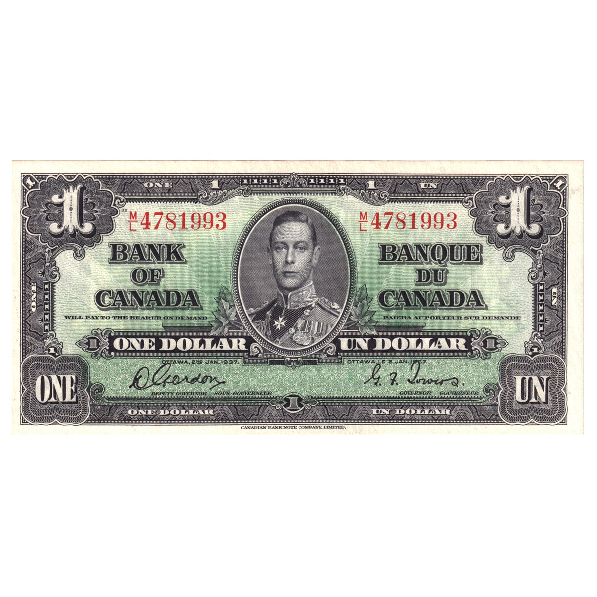 BC-21c 1937 Canada $1 Gordon-Towers, M/L, Uncirculated (MS60)