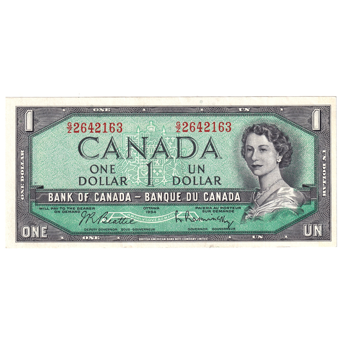 BC-37b-i 1954 Canada $1 Beattie-Rasminsky, G/Z, Extra Fine (EF40)