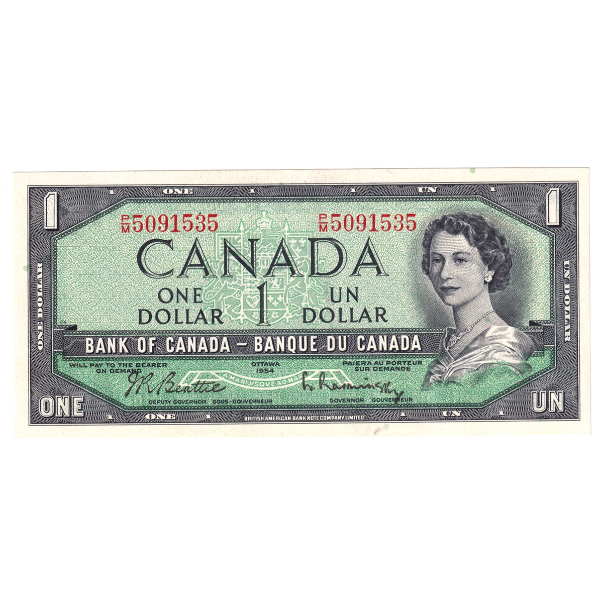 BC-37b-i 1954 Canada $1 Beattie-Rasminsky, P/M, Choice Uncirculated (CUNC63)