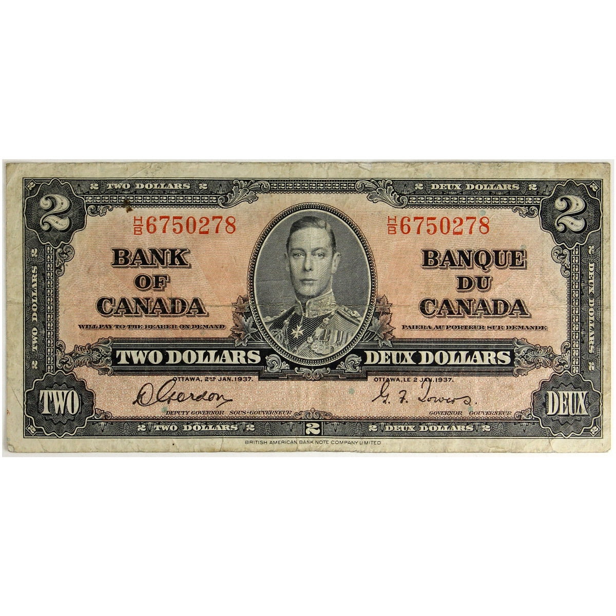 BC-22b 1937 Canada $2 Gordon-Towers, H/B, Fine (F12)
