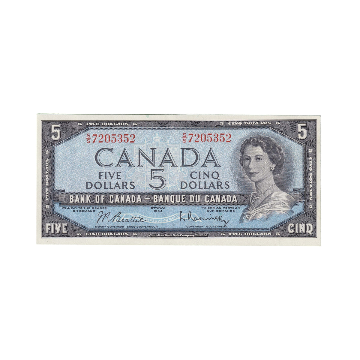 BC-39b 1954 Canada $5 Beattie-Rasminsky, S/S, Almost Uncirculated (AU50)