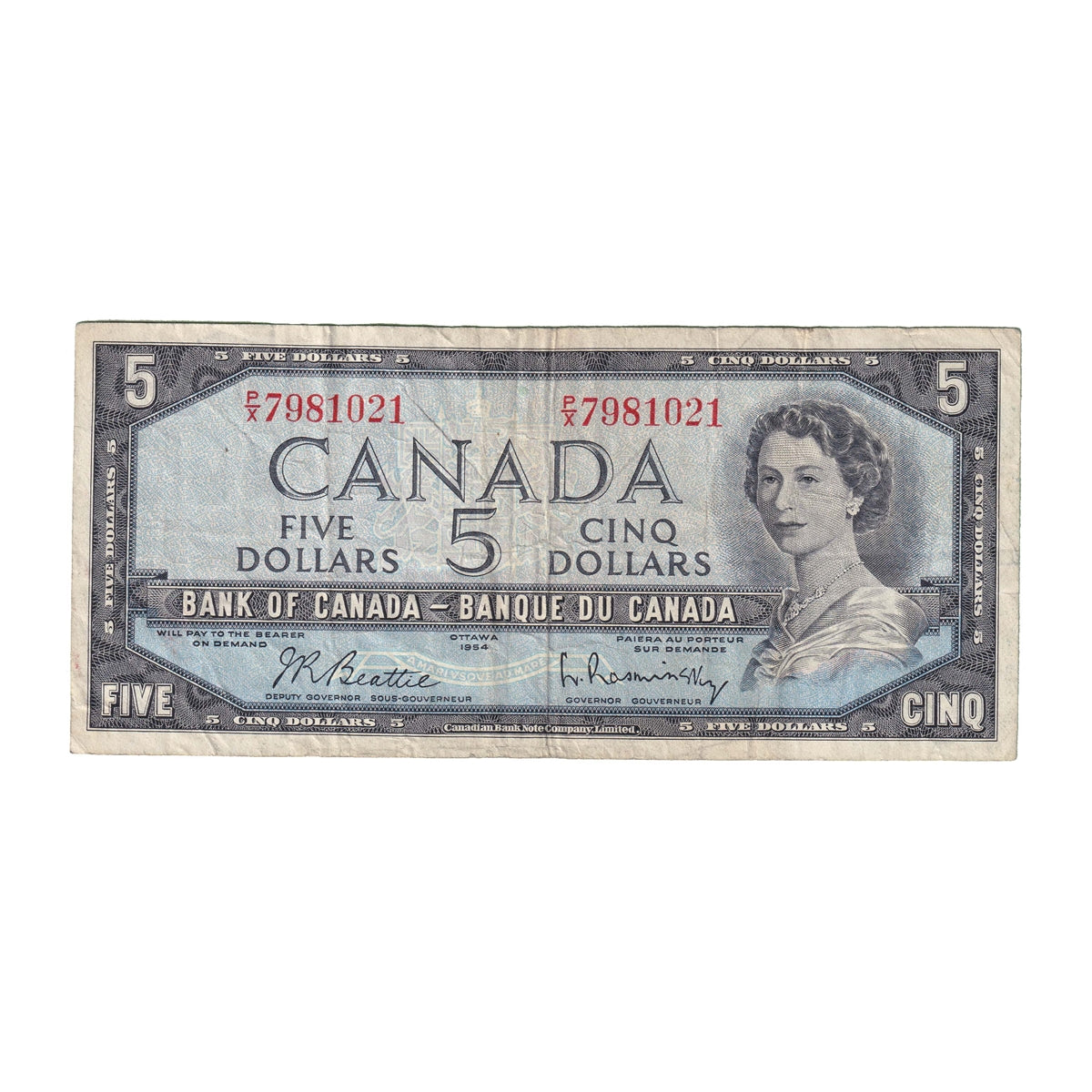BC-39b 1954 Canada $5 Beattie-Rasminsky, P/X, F-VF (F15)