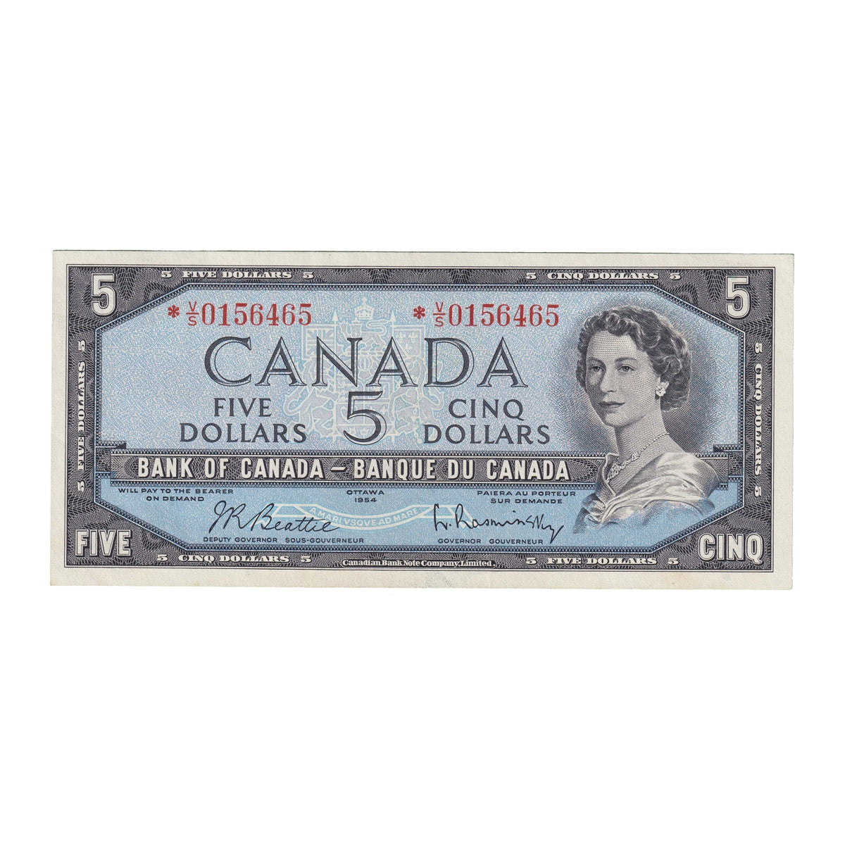 BC-39bA 1954 Canada $5 Beattie-Rasminsky, *V/S, AU-UNC (AU55)