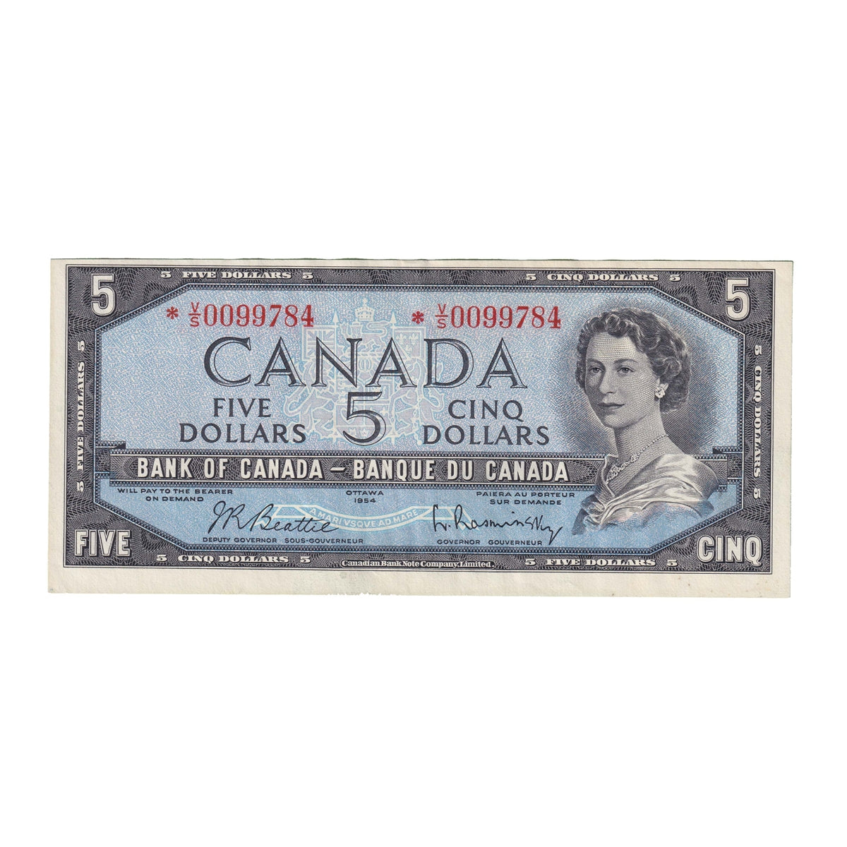 BC-39bA 1954 Canada $5 Beattie-Rasminsky, *V/S, Extra Fine (EF40)