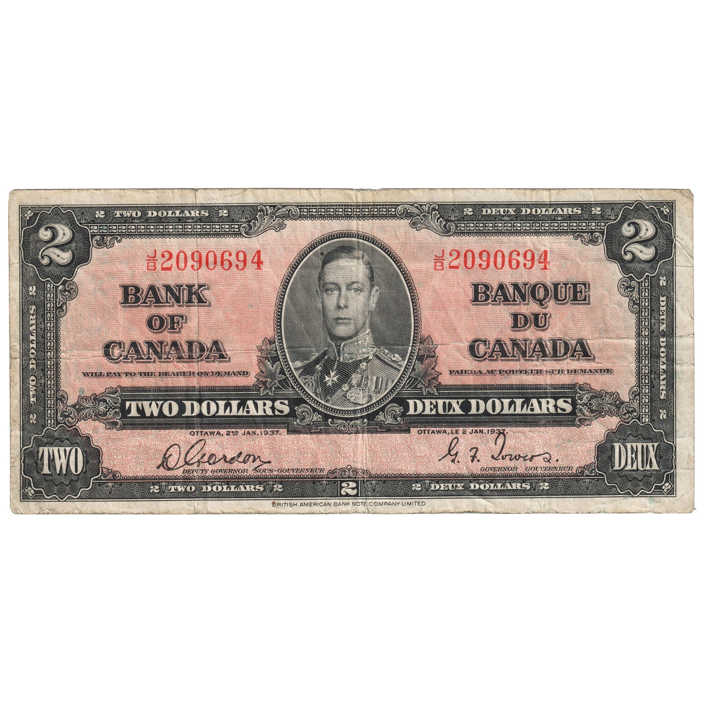BC-22b 1937 Canada $2 Gordon-Towers, J/B, F