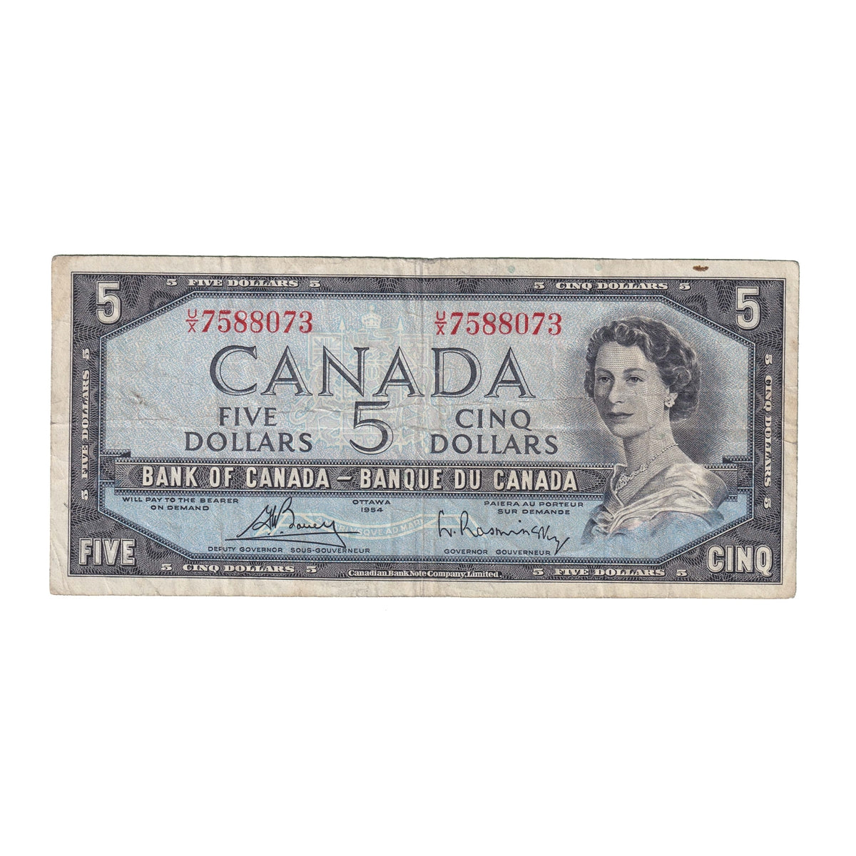 BC-39c 1954 Canada $5 Bouey-Rasminsky, U/X, Fine (F12)
