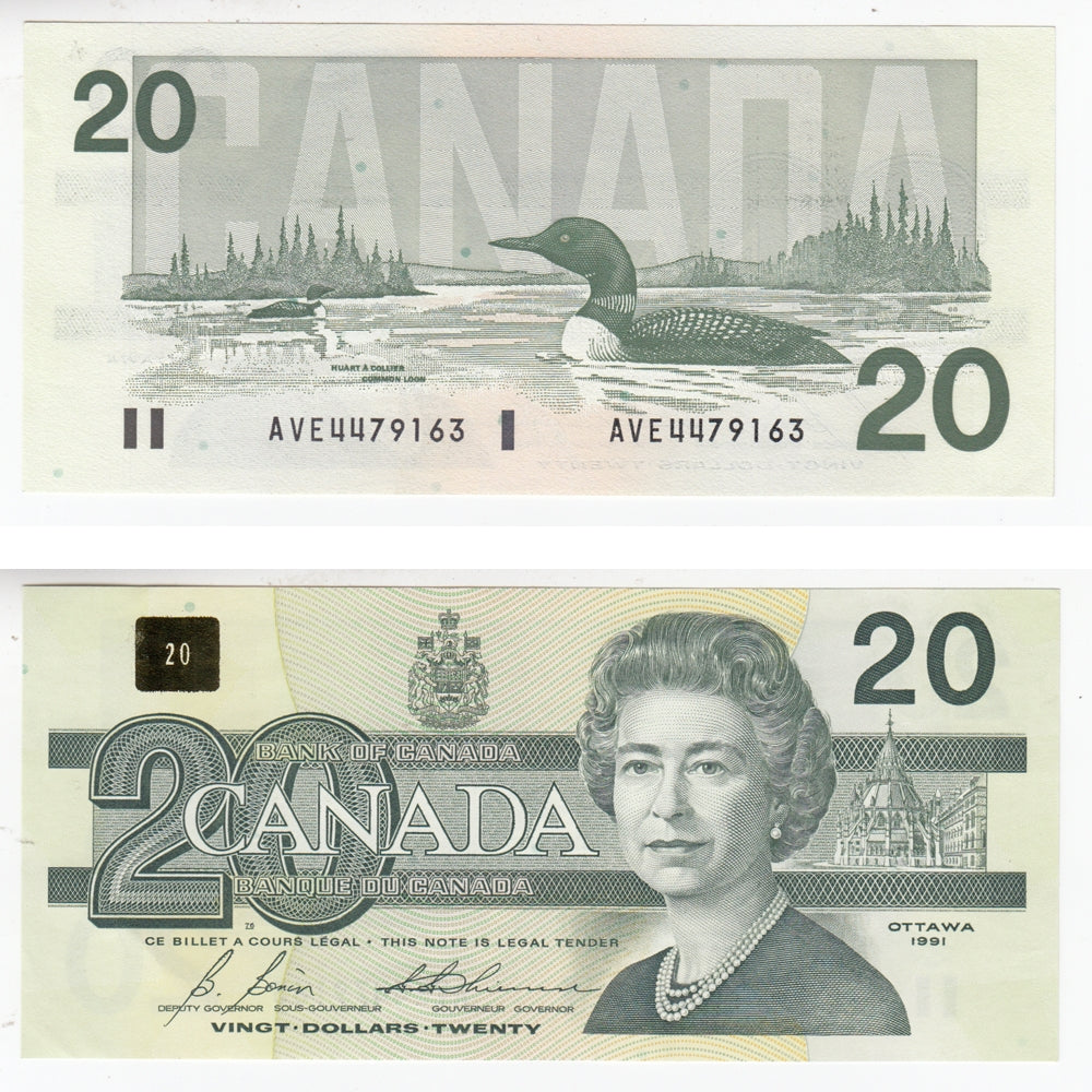 BC-58b-i 1991 Canada $20 Bonin-Thiessen, AVE, AU-UNC (AU55)