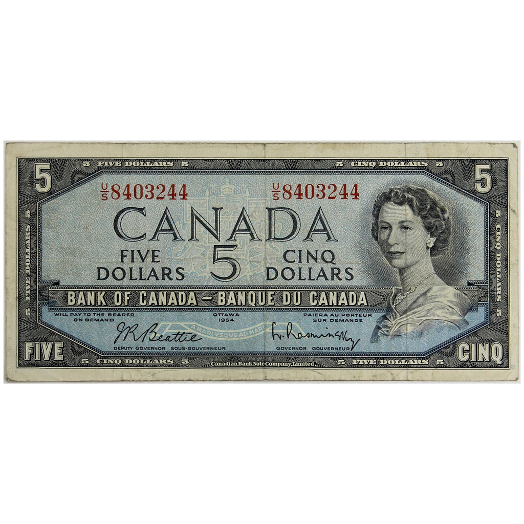 BC-39b 1954 Canada $5 Beattie-Rasminsky, U/S, Fine (F12)